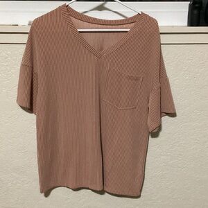 Ribbed V-Neck Short Sleeve Top - Brown